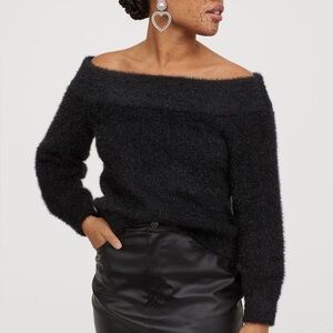 H&M Divided Off-Shoulder Black Fuzzy Knit Sweater size small